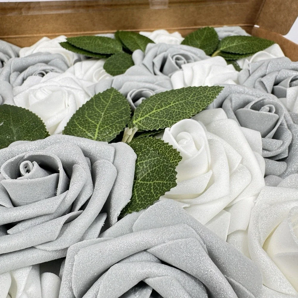 Ling's‎ Moment White & Silver Gray Rose Artificial Flowers 25pcs Foam Stems 3